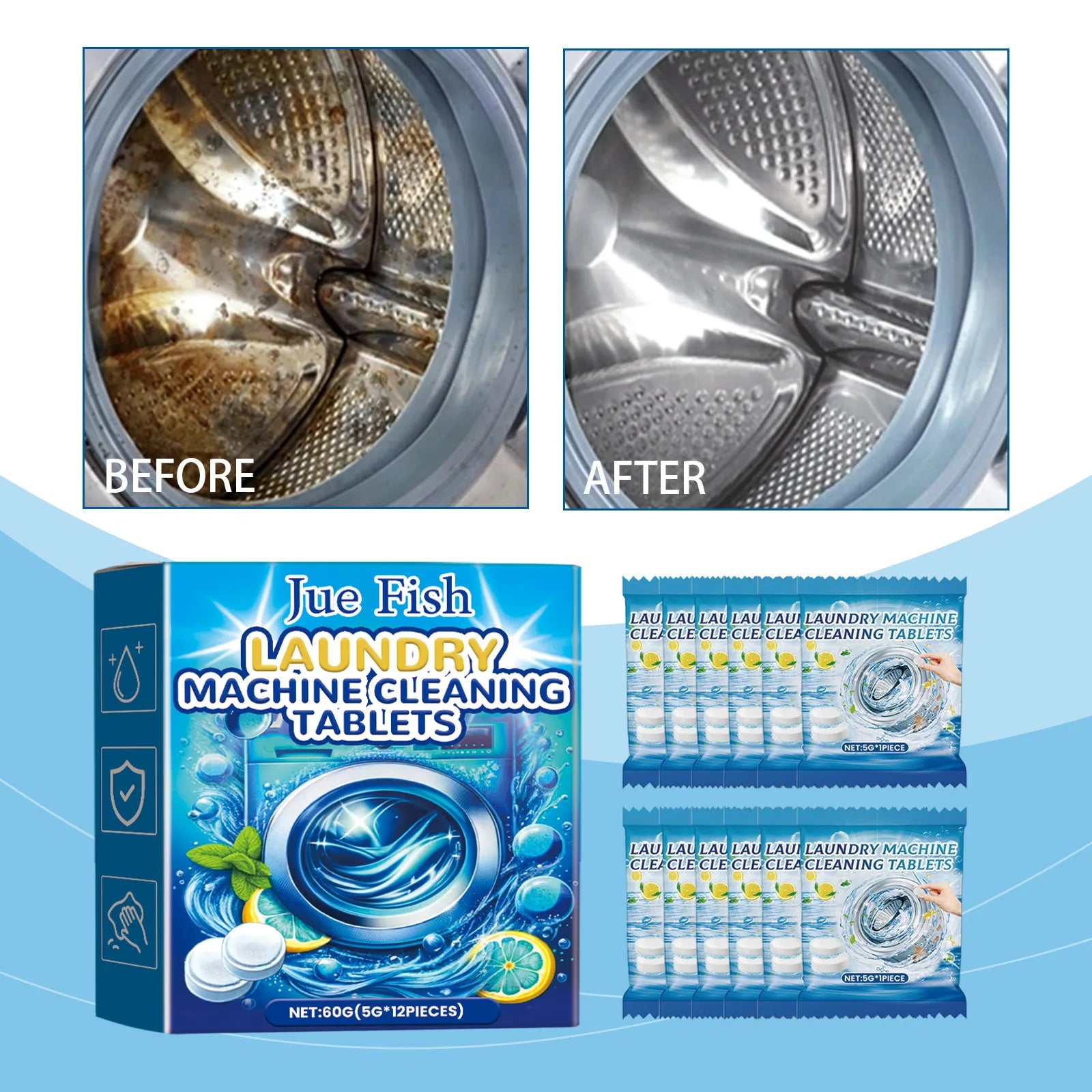 12pcs Tablets Washing Machine Effervescent Tablets Cleaner Laundry Deep Cleaning Remove Odor Decontamination Tablets