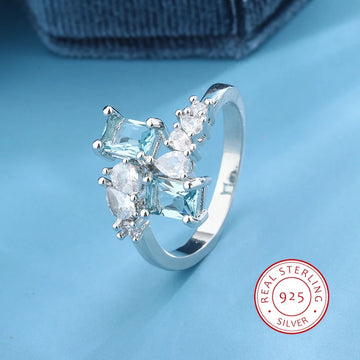 Exquisite Ring for Women's Fashion Aquamarine Zircon Ring 925 Silver Women's Party Jewelry Wedding Bride Engagement Ring